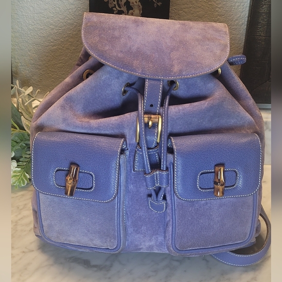 Gucci Handbags - Gucci Bamboo Leather Suede Backpack - Periwinkle Color 💜💙 EUC